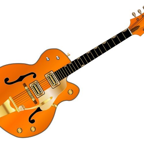A typical country and western guitar in orange over a white background