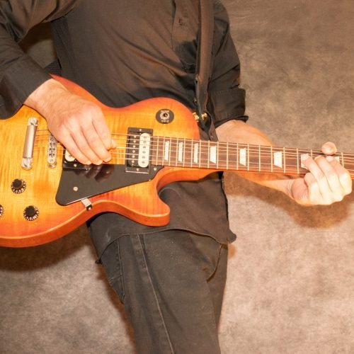 Vaduz, Liechtenstein, September 28, 2022 Artist is performing with a Gibson Les Paul american standard electric guitar in sunburst
